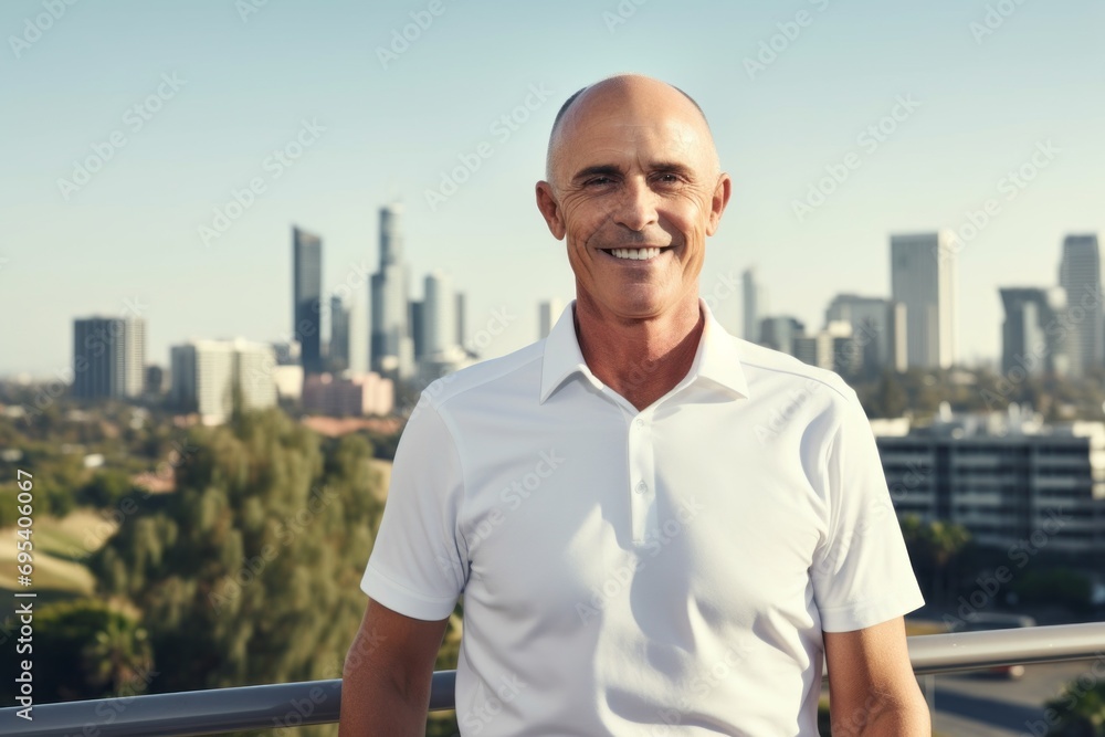 Portrait of a smiling man in his 50s wearing a breathable golf polo against a modern cityscape background. AI Generation Portrait of a smiling man in his 50s wearing a breathable golf polo against a modern cityscape background. AI Generation