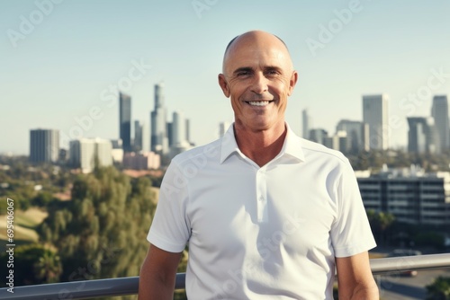 Portrait of a smiling man in his 50s wearing a breathable golf polo against a modern cityscape background. AI Generation © Markus Schröder