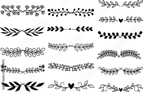 Set of Boho floral borders and divider with branch. Floral divider border Greenery. great set collection clip art Silhouette  elegant leaves for invitation vector illustration on white background.
