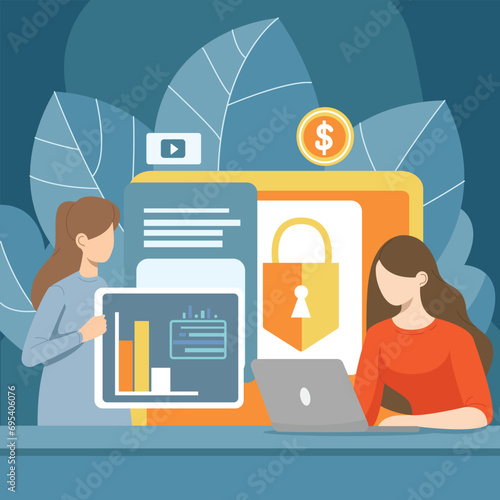 One woman working on laptop for banking project and another girl showing graph. Financing and marketing department. Analysis graphs and symbols. Vector flat illustration of women manage finances.