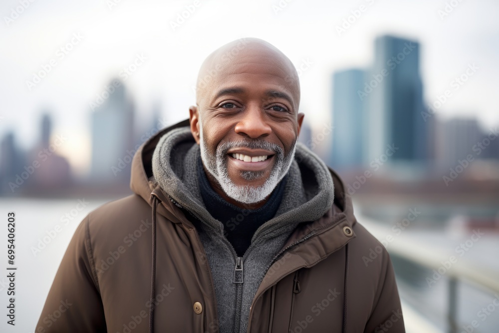 Portrait of a grinning afro-american man in his 60s wearing a thermal fleece pullover against a modern cityscape background. AI Generation Portrait of a grinning afro-american man in his 60s wearing a thermal fleece pullover against a modern cityscape background. AI Generation