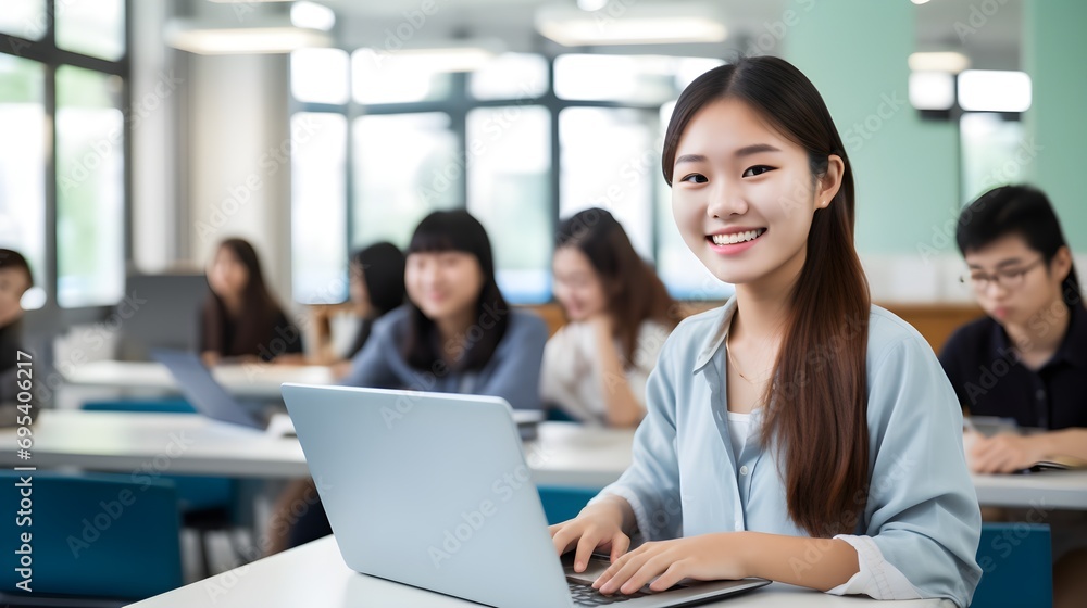 A student smiles at the camera while working on a laptop in a classroom A student smiles at the camera while working on a laptop in a classroom