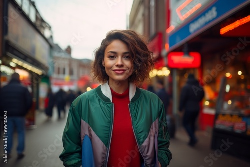 Portrait of a content woman in her 30s sporting a stylish varsity jacket against a vibrant market street background. AI Generation photo