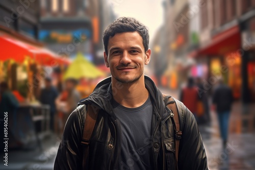 Portrait of a satisfied man in his 30s dressed in a water-resistant gilet against a vibrant market street background. AI Generation © Markus Schröder