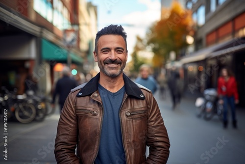 Portrait of a smiling man in his 40s wearing a trendy bomber jacket against a vibrant market street background. AI Generation