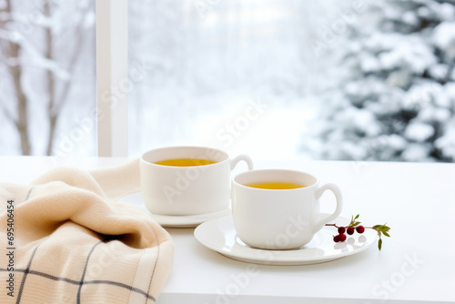Two cups of tea standing on a white bright windowsill next to warm blanket with a view of park in winter