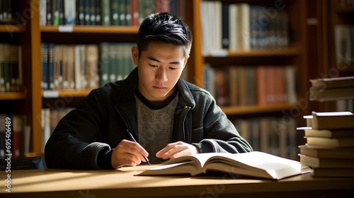 Focused student studying alone in a library with books piled high photo
