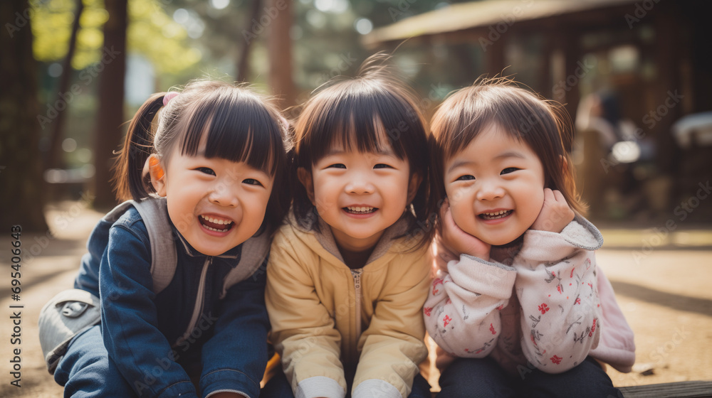 日本の幼稚園児3人が私服で横に並んで笑っている写真、背景自然の森、森のようちえん 日本の幼稚園児3人が私服で横に並んで笑っている写真、背景自然の森、森のようちえん