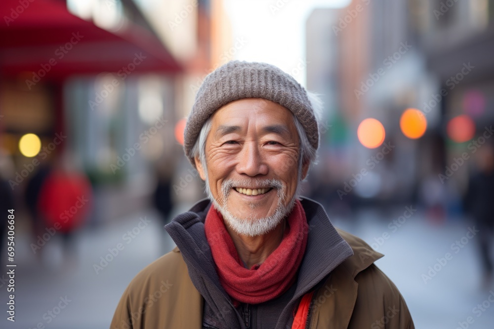 Fototapeta premium Portrait of a jovial asian man in his 60s donning a warm wool beanie against a vibrant market street background. AI Generation