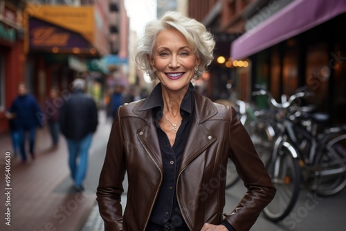 Portrait of a jovial woman in her 60s sporting a stylish leather blazer against a vibrant market street background. AI Generation