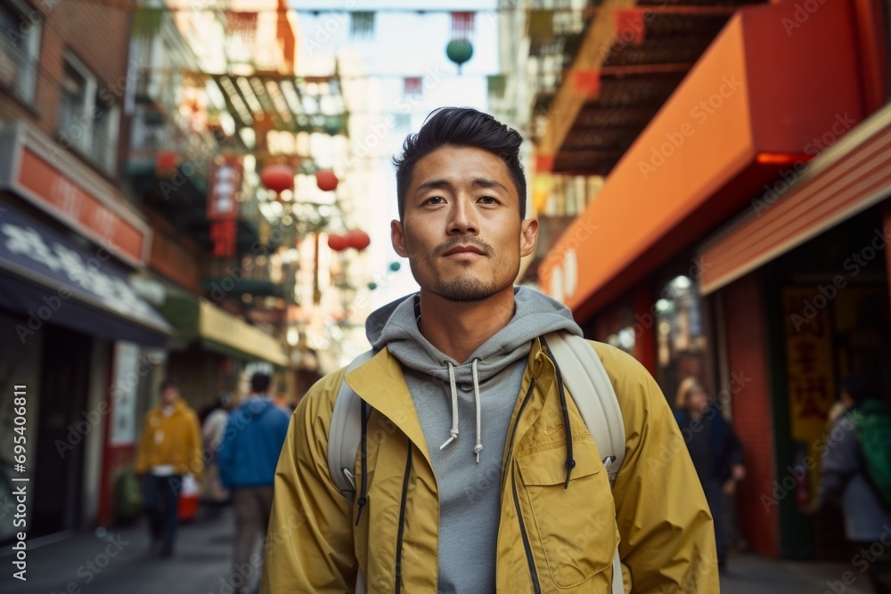 Portrait of a tender asian man in his 20s sporting a technical climbing shirt against a vibrant market street background. AI Generation