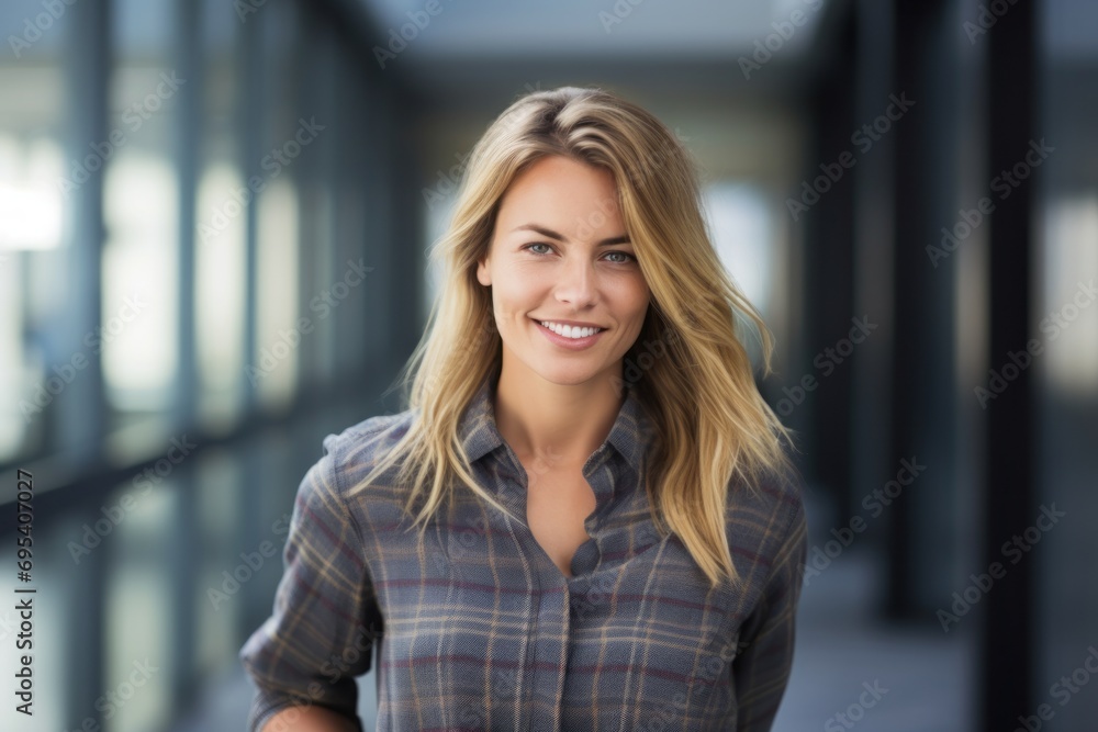 Portrait of a smiling woman in her 30s wearing a comfy flannel shirt against a sophisticated corporate office background. AI Generation
