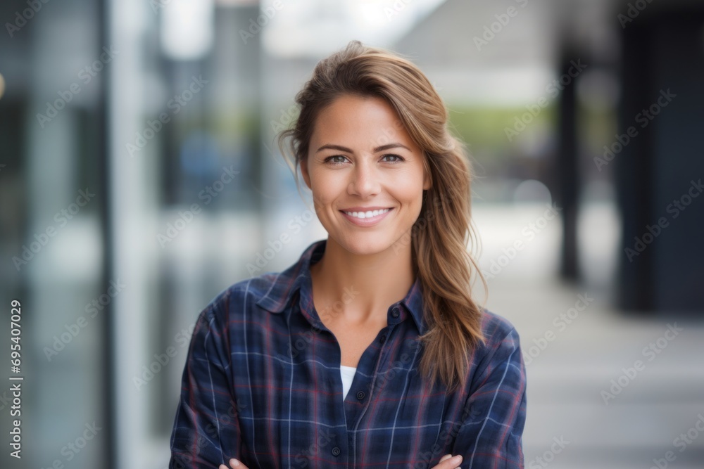 Portrait of a smiling woman in her 30s wearing a comfy flannel shirt against a sophisticated corporate office background. AI Generation Portrait of a smiling woman in her 30s wearing a comfy flannel shirt against a sophisticated corporate office background. AI Generation