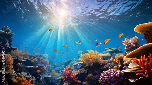 Beautiful underwater landscape with coral reef and fishes. Panorama.