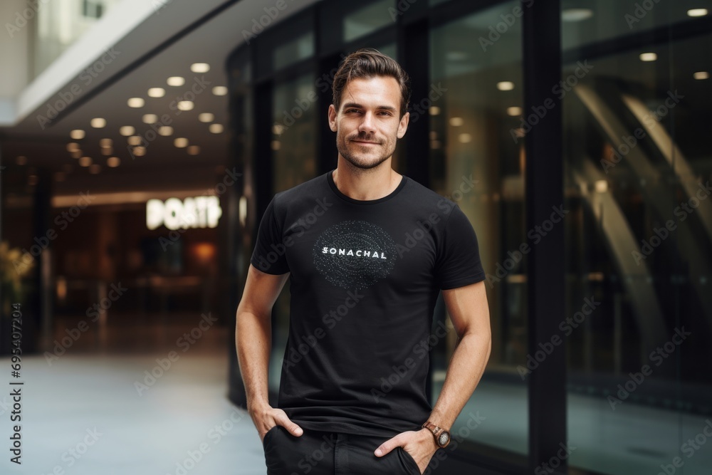 Portrait of a content man in his 30s sporting a vintage band t-shirt against a sophisticated corporate office background. AI Generation