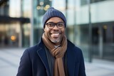 Portrait of a merry afro-american man in his 40s donning a warm wool beanie against a sophisticated corporate office background. AI Generation