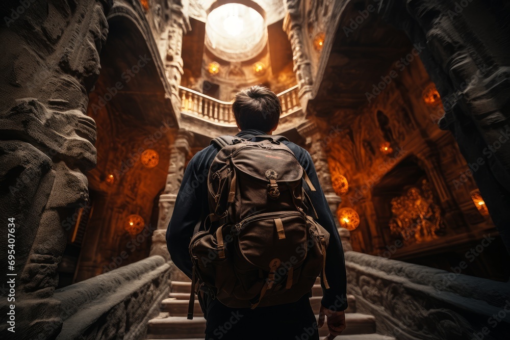 photo a tourist exploring a historical site, climbing an intricate spiral staircase with a travel bag. Generative AI