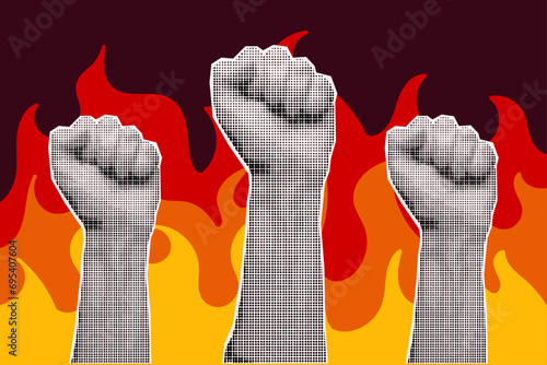 Halftone collage banner, three raised fists on a background of flames, fire. Protest concept, paper cut hand gesture, pop art illustration.