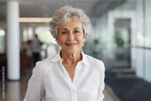 Portrait of a happy woman in her 70s wearing a classic white shirt against a sophisticated corporate office background. AI Generation