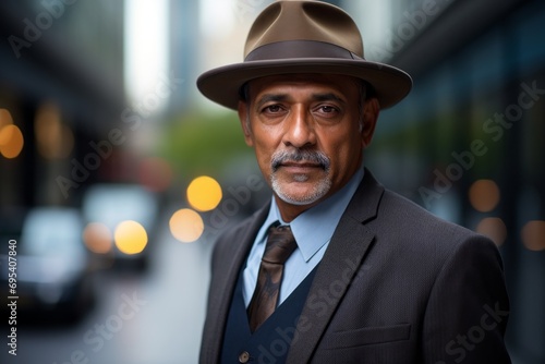 Portrait of a tender indian man in his 60s donning a classic fedora against a sophisticated corporate office background. AI Generation