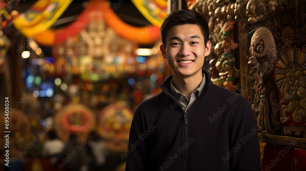 Smiling young man in a black jacket at a colorful night market