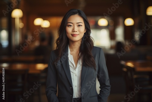 Portrait of a tender asian woman in her 30s wearing a professional suit jacket against a lively classroom background. AI Generation