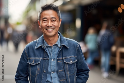 Portrait of a glad asian man in his 50s sporting a rugged denim jacket against a lively classroom background. AI Generation