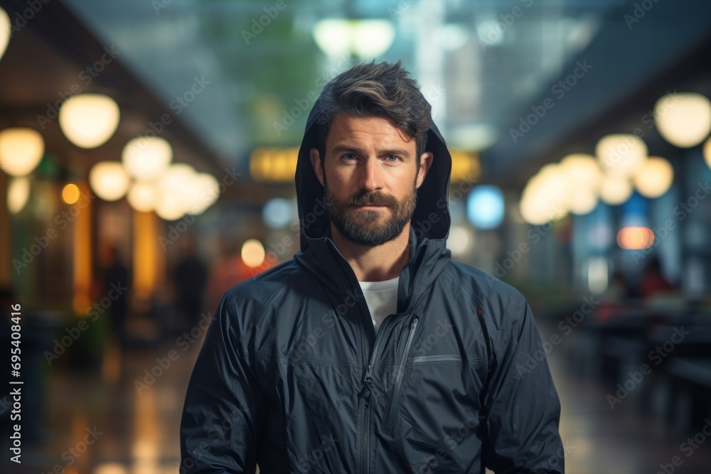 Portrait of a content man in his 30s wearing a lightweight packable anorak against a dynamic fitness gym background. AI Generation Portrait of a content man in his 30s wearing a lightweight packable anorak against a dynamic fitness gym background. AI Generation