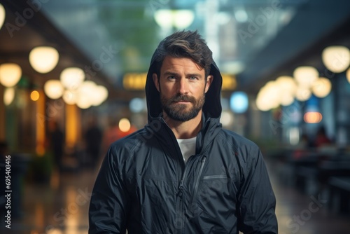 Portrait of a content man in his 30s wearing a lightweight packable anorak against a dynamic fitness gym background. AI Generation © Markus Schröder