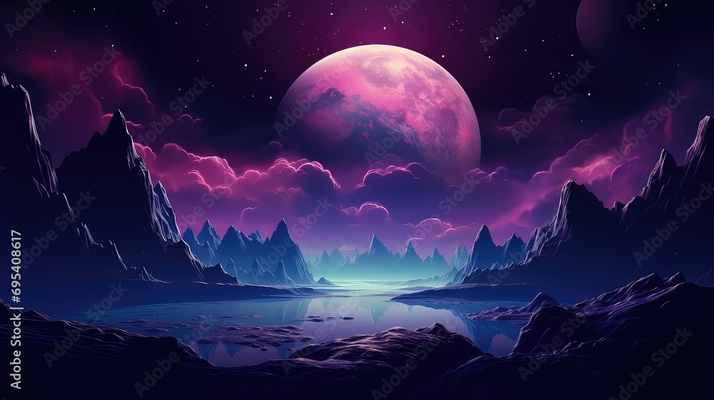 Futuristic space illustration with purple planet and star asteroids: surreal space landscape with science fiction and fantasy themes