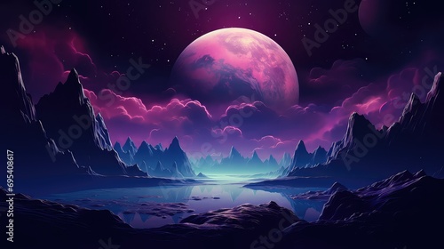 Futuristic space illustration with purple planet and star asteroids: surreal space landscape with science fiction and fantasy themes photo