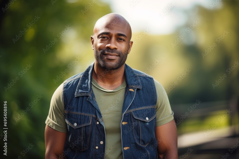 Portrait of a happy afro-american man in his 30s wearing a rugged jean vest against a bright and cheerful park background. AI Generation Portrait of a happy afro-american man in his 30s wearing a rugged jean vest against a bright and cheerful park background. AI Generation