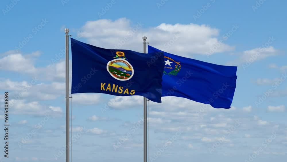Nevada and Kansas US state flags waving together on cloudy sky, endless seamless loop Nevada and Kansas US state flags waving together on cloudy sky, endless seamless loop