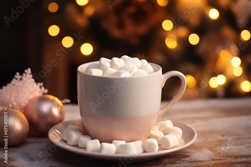  a cup of hot chocolate with marshmallows on a saucer next to a christmas ornament and a gold ornament on a wooden table.