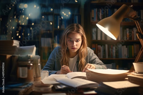 photo Depict a student studying late into the night, surrounded by textbooks, notes, and coffee cups. Generative AI photo