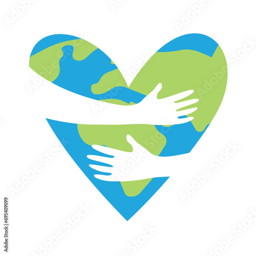 I love the planet earth, a heart with a big hug and a map of the earth, a symbol of the day of the planet and the hug day.