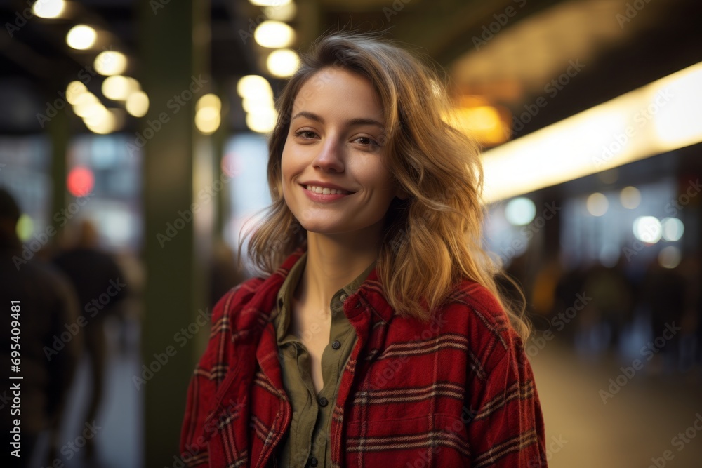 Portrait of a blissful woman in her 30s wearing a comfy flannel shirt against a bustling city subway background. AI Generation Portrait of a blissful woman in her 30s wearing a comfy flannel shirt against a bustling city subway background. AI Generation