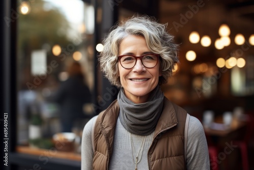 Portrait of a happy woman in her 50s dressed in a water-resistant gilet against a serene coffee shop background. AI Generation