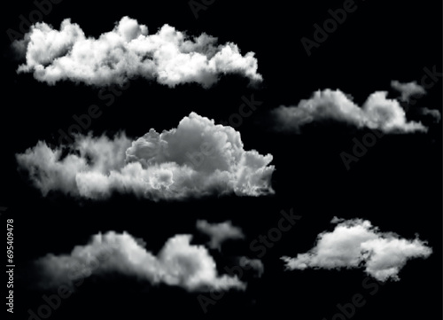 Clouds set isolated on black background. mist or smog background. White cloudiness, Cloud Effect great set collection vector illustration.