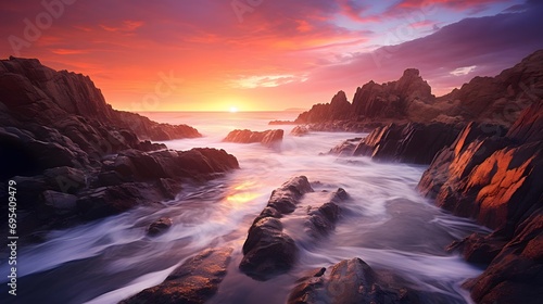 Beautiful panoramic view of the rocky coast at sunset.