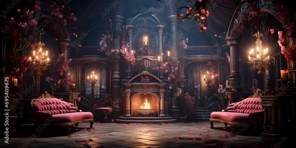 3d rendering of a fantasy room with a fireplace and a sofa