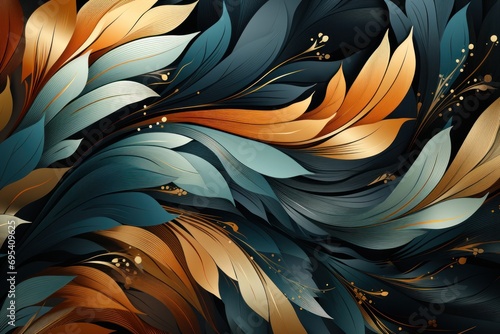  a close up of a blue, gold and black wallpaper with a pattern of leaves and sparkles on the bottom half of the image and bottom half of the image. © Nadia