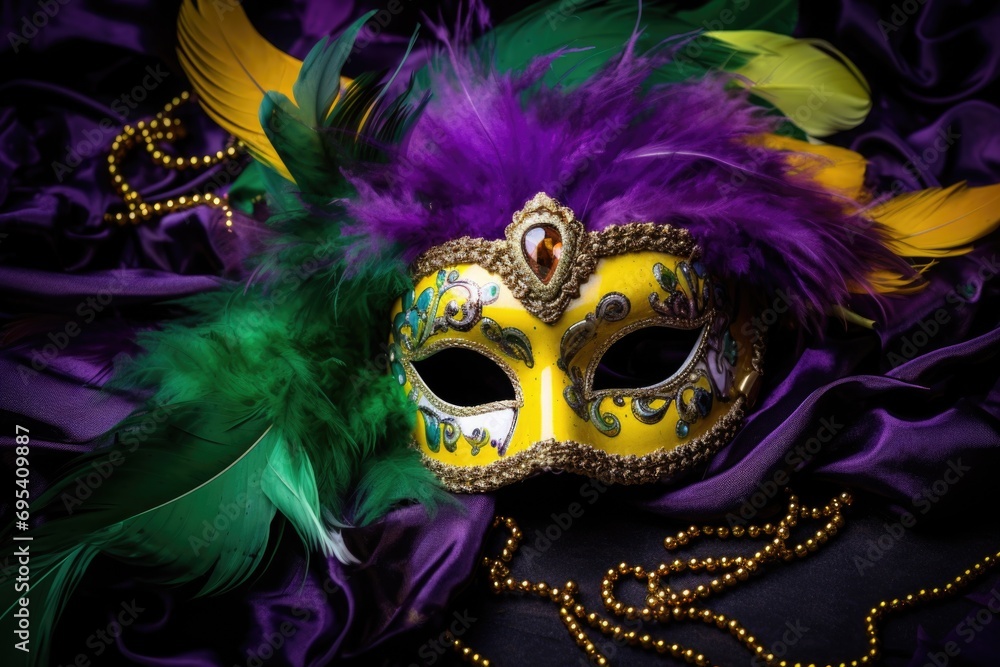 Noir Elegance: Convey sophistication with a luxurious feathered masquerade mask and beads necklace against violet satin cloth background, perfect for your advertising. Generated AI