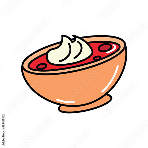Soup of food colorful set. This dinner-themed illustration showcases a meticulously designed bowl of borsch against a pristine white background. Vector illustration.
