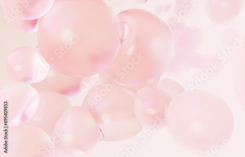 3D illustration of clear bubbles colliding, abstract pink background with concept of beauty and cleanliness