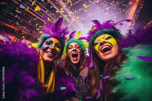 Carnival Bliss scene. Photograph featuring elated individuals in colorful attire, wearing carnival makeup, feathered crowns, posing against a radiant fireworks background. Generated AI