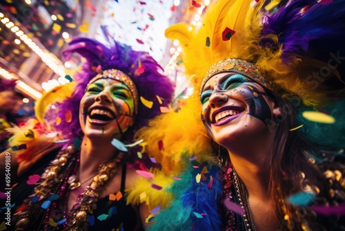 Vivid Festival snapshot. Photo of exultant women in lively outfits, adorned with festive accessories like feathered headwear, bead necklaces, posing gleefully against fireworks backdrop. Generated AI