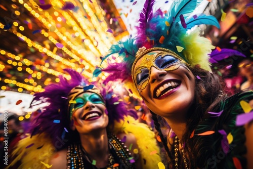 Joyous Jubilee: exultant young women in vivid makeup, traditional beads, and carnival masks. Against background of golden fireworks, they pose enthusiastically with feathered headwear. Generated AI