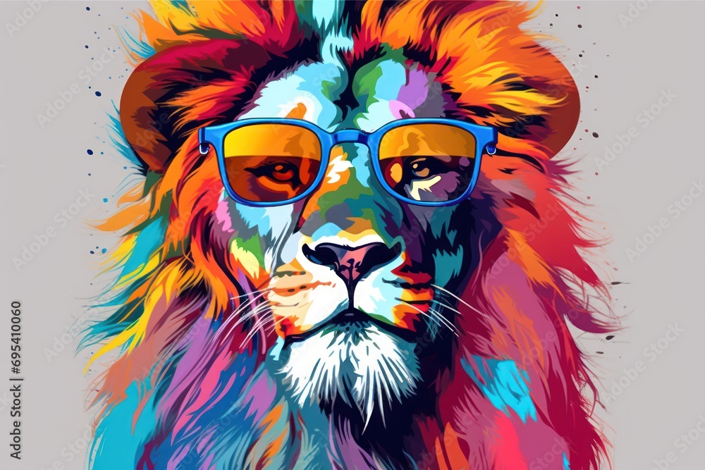  a painting of a lion with glasses on it's head and a grey background with a splash of paint on it's face and the image of a lion wearing a pair of glasses.