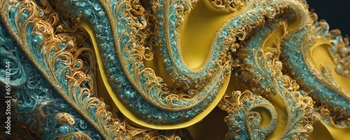 a close up of a gold and blue fabric